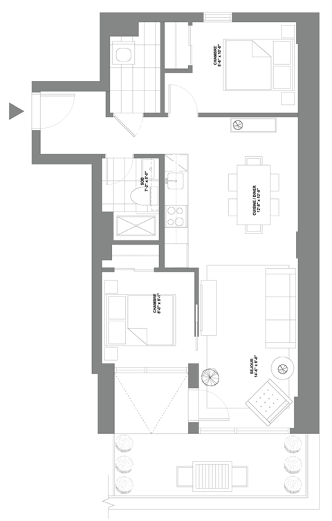 floor plan of the apartment with bedroom and living room and dining room